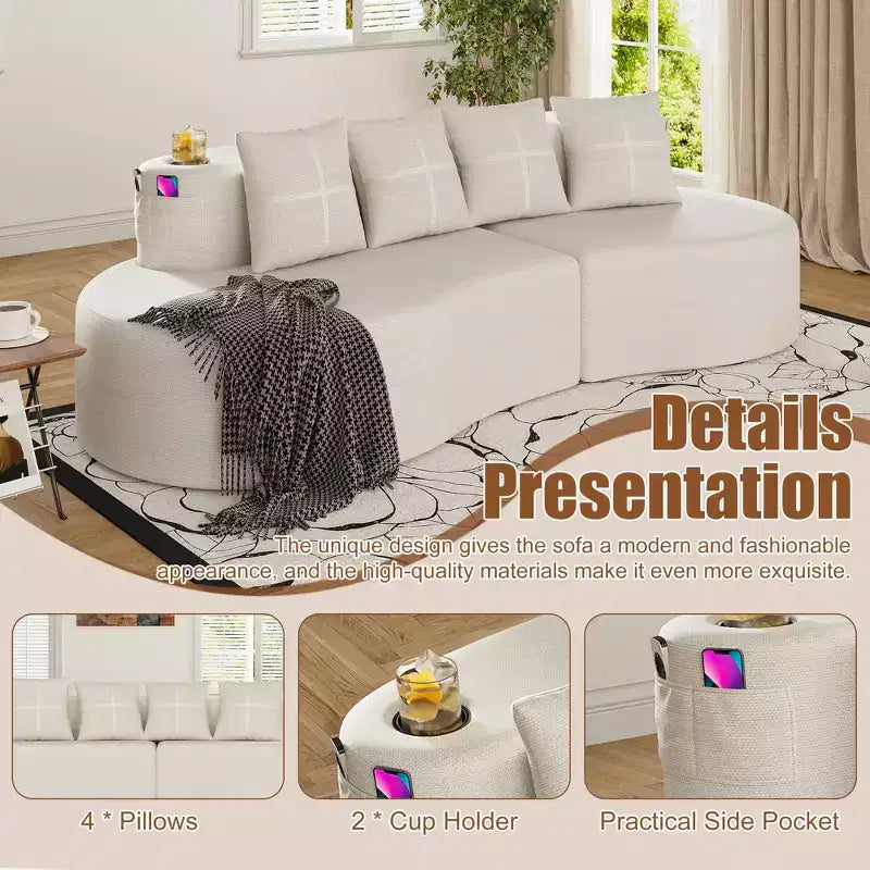 Curved Modular Sectional Sofa, 3 Seat Sofa with Cup Holders, Side Pocket & 4 Pillows for Living Room, Office, Apartment - ModernLuxe