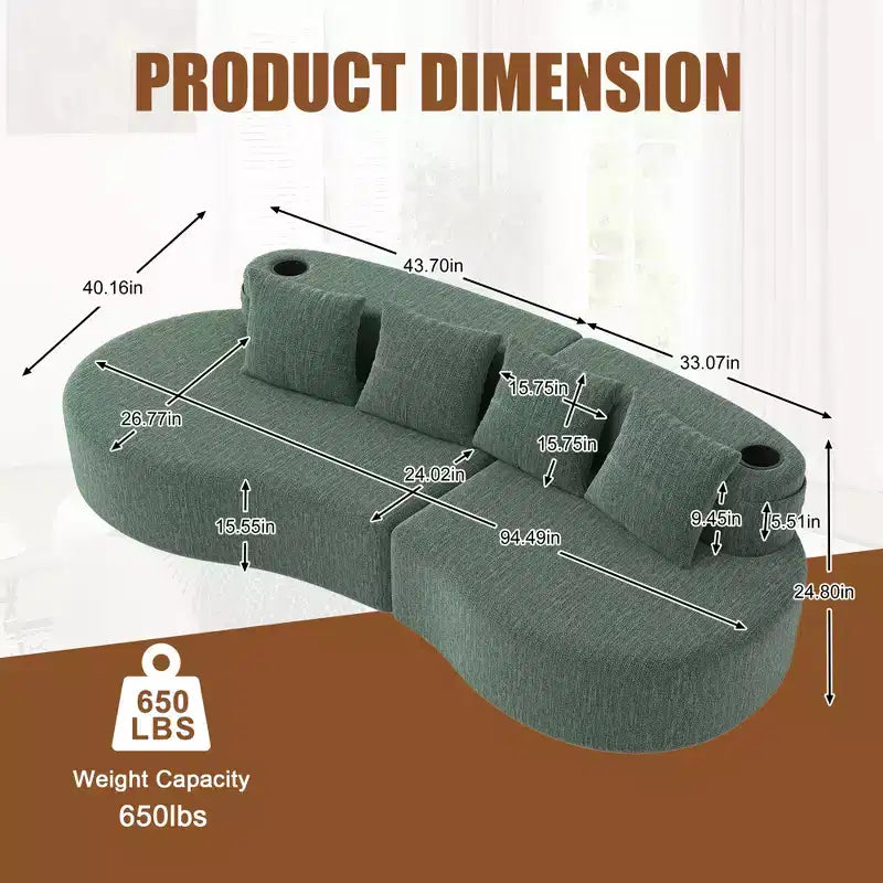 Curved Modular Sectional Sofa, 3 Seat Sofa with Cup Holders, Side Pocket & 4 Pillows for Living Room, Office, Apartment - ModernLuxe