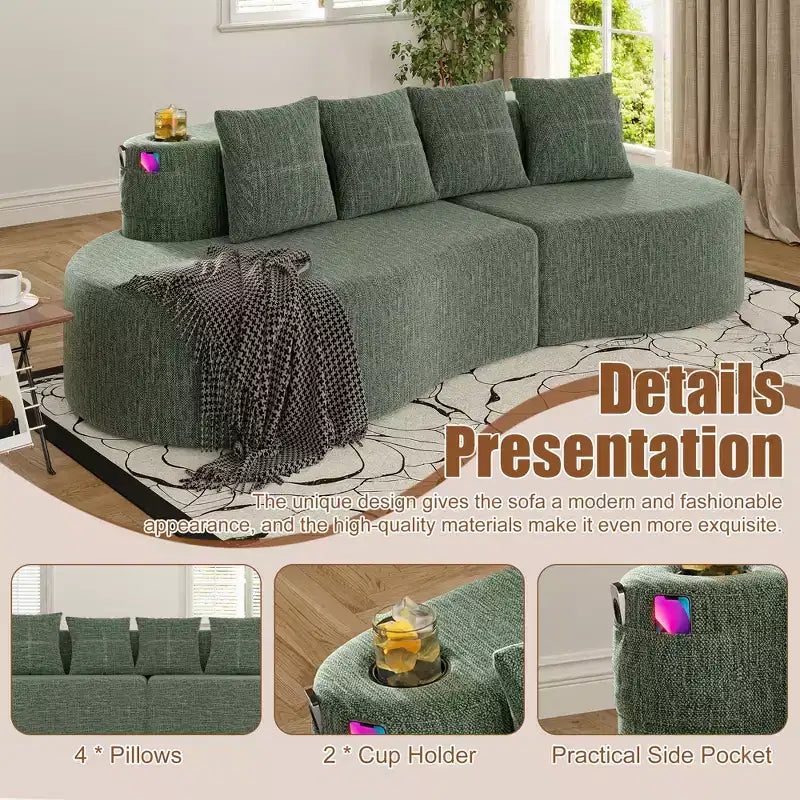 Curved Modular Sectional Sofa, 3 Seat Sofa with Cup Holders, Side Pocket & 4 Pillows for Living Room, Office, Apartment - ModernLuxe