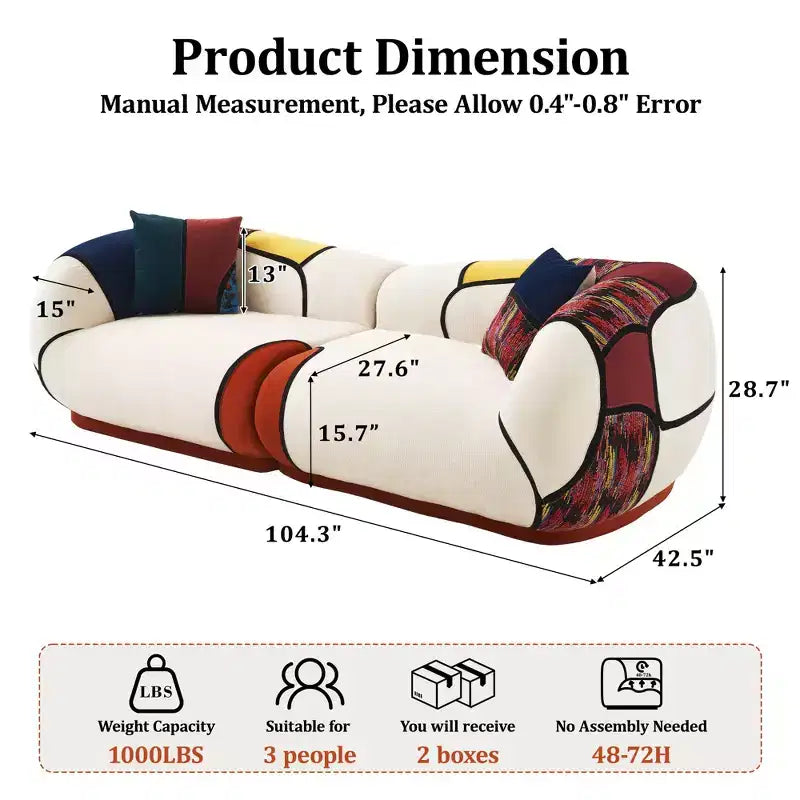 Dyonery 104 Curved Sectional Sofa, No Assembly Floor Lounge Couch with Deep Seat, Thick Cushion, Schneir Fabric