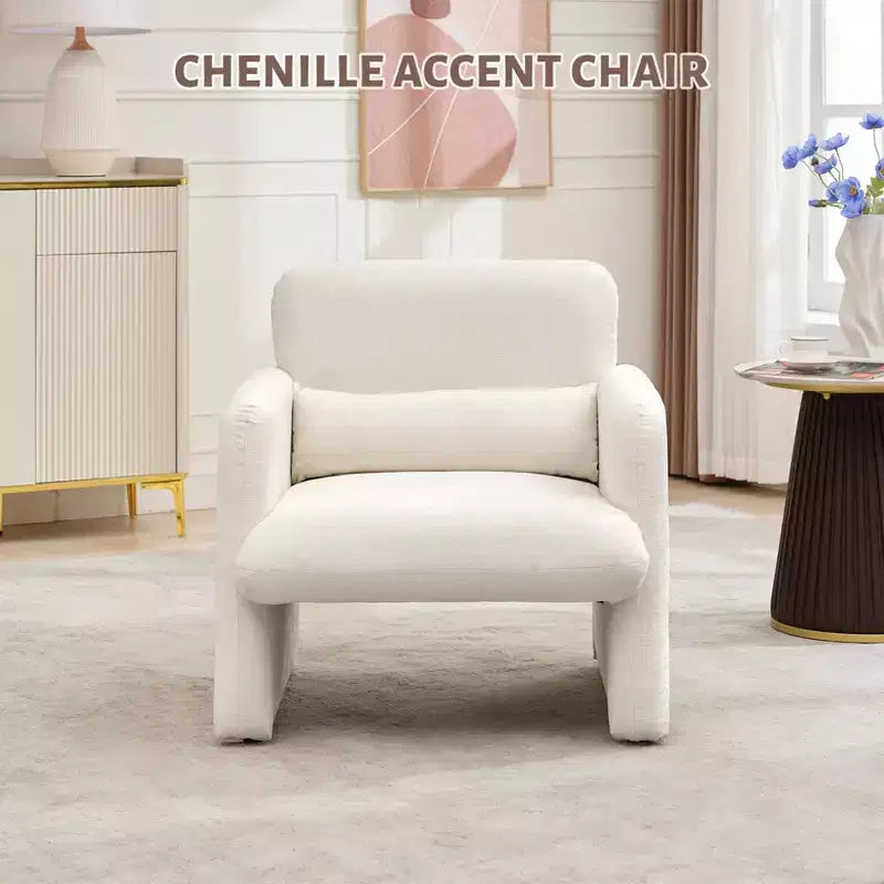 Modern Accent Chair with Arms, Soft Chenille Upholstered Single Sofa, Comfortable Reading Lounge Chair with Waist Pillow for Living Room, Bedroom