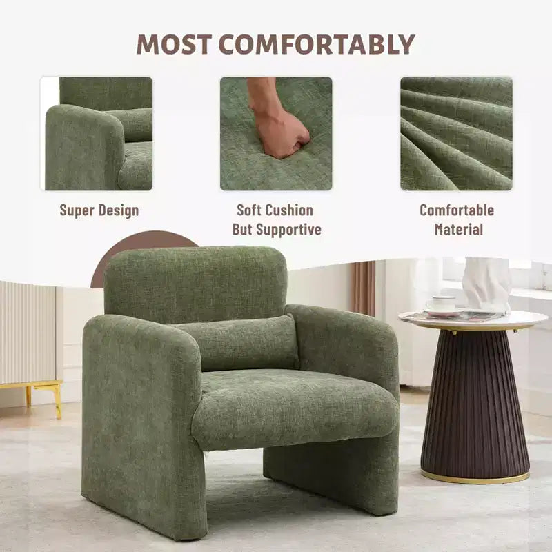 Modern Accent Chair with Arms, Soft Chenille Upholstered Single Sofa, Comfortable Reading Lounge Chair with Waist Pillow for Living Room, Bedroom
