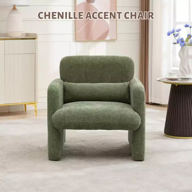 Modern Accent Chair with Arms, Soft Chenille Upholstered Single Sofa, Comfortable Reading Lounge Chair with Waist Pillow for Living Room, Bedroom