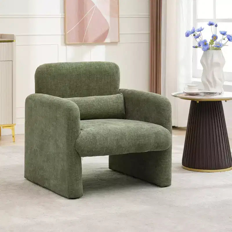 Modern Accent Chair with Arms, Soft Chenille Upholstered Single Sofa, Comfortable Reading Lounge Chair with Waist Pillow for Living Room, Bedroom