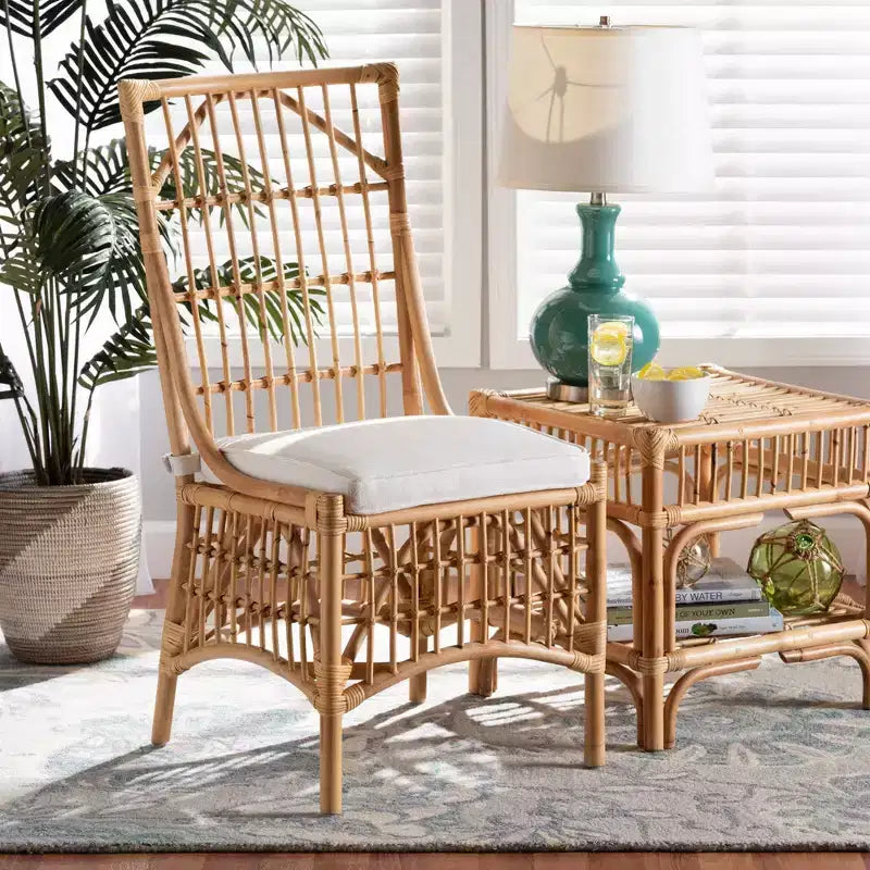 Silla de comedor de ratán tapizada en tela, blanco/natural, estilo bohemio, no requiere montaje