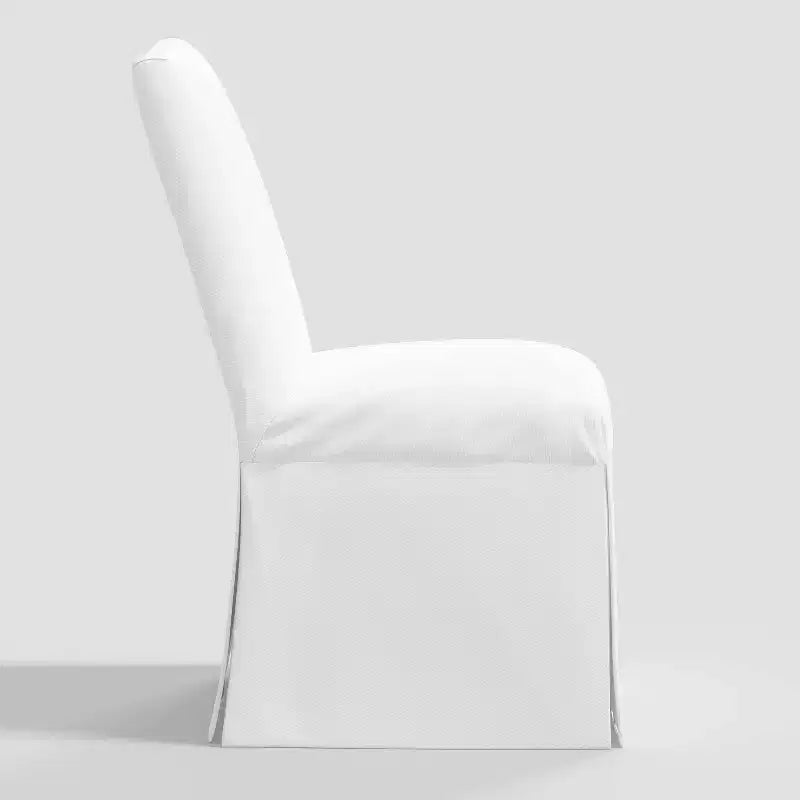 Silla de comedor con funda faldón, sarga blanca, estructura de madera de caucho, capacidad de 113 kg