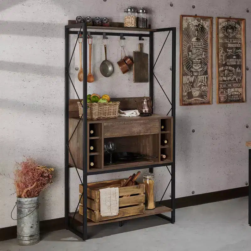 Estantería de Panadero Rústica, Roble Reciclado, Estilo Industrial, 3 Estantes, Marco Metálico, 67"H