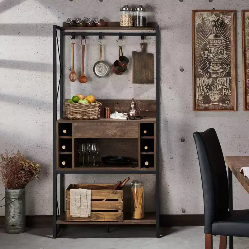 Estantería de Panadero Rústica, Roble Reciclado, Estilo Industrial, 3 Estantes, Marco Metálico, 67"H
