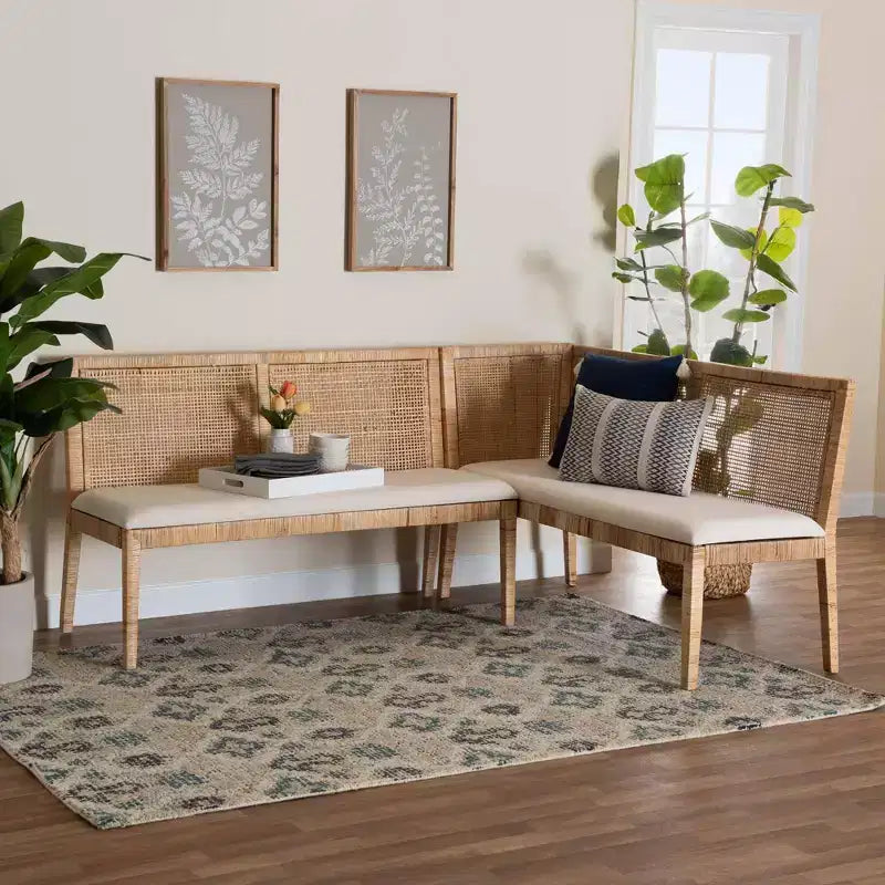 bali & pari 2pc Kalimantan Rattan Banquette Set Light Honey/White: Polyester Upholstery, Plywood Frame