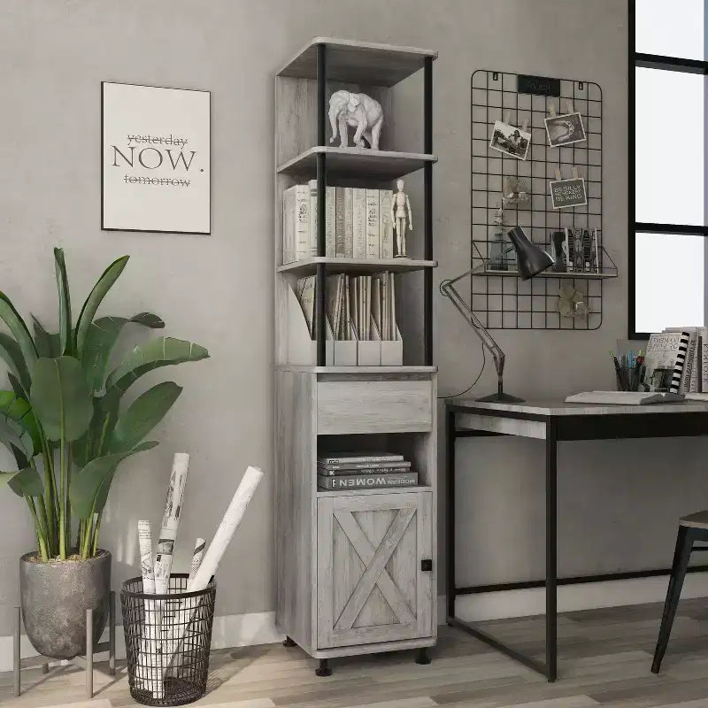 Librero con almacenamiento múltiple de 72.3", estructura de hierro con gabinete tipo "Barndoor", roble gris vintage
