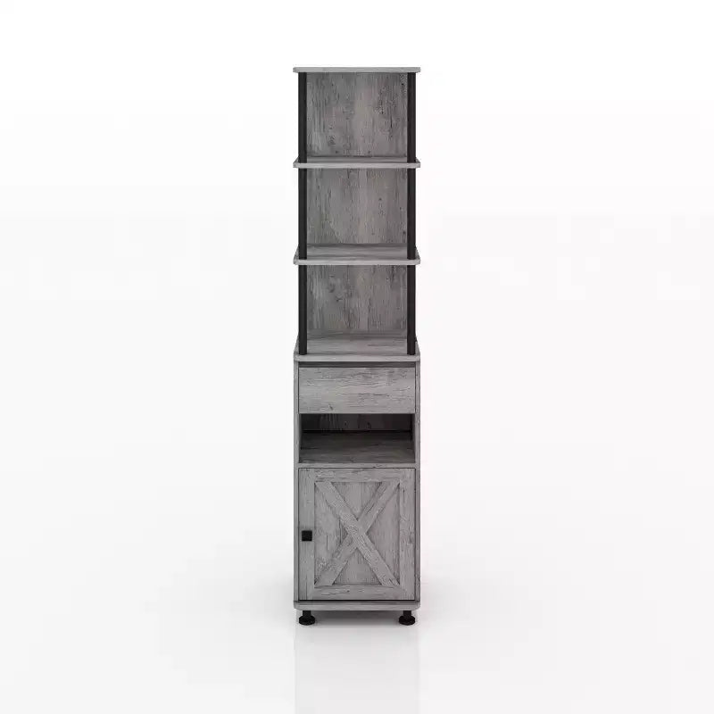 Librero con almacenamiento múltiple de 72.3", estructura de hierro con gabinete tipo "Barndoor", roble gris vintage