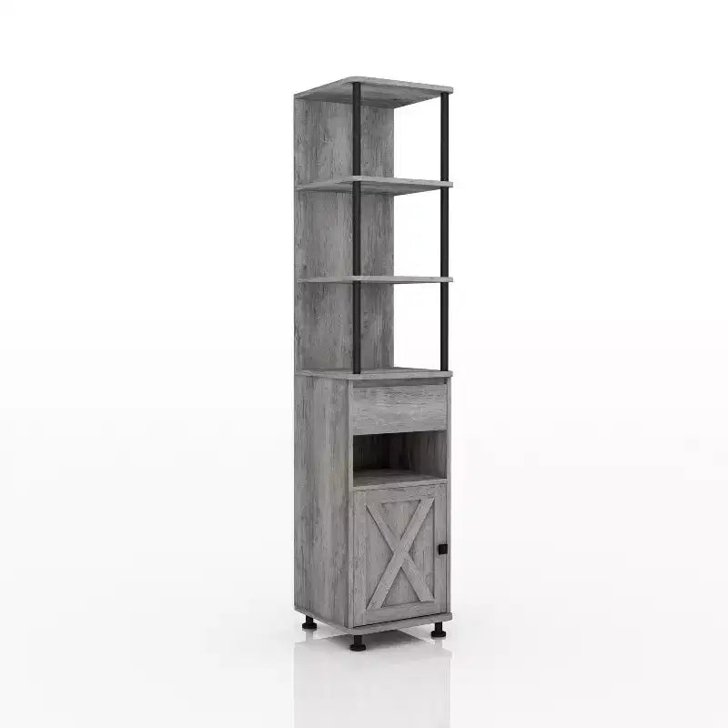 Librero con almacenamiento múltiple de 72.3", estructura de hierro con gabinete tipo "Barndoor", roble gris vintage