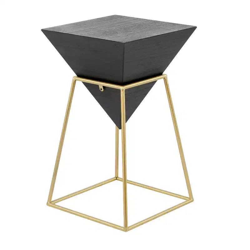 Mesa auxiliar moderna de madera negra, marco triangular de metal dorado, no requiere montaje
