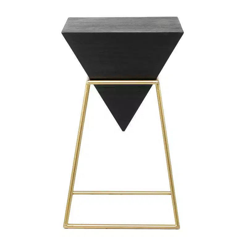 Mesa auxiliar moderna de madera negra, marco triangular de metal dorado, no requiere montaje