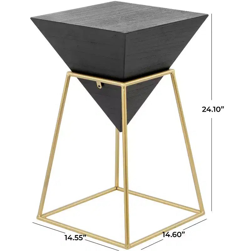 Mesa auxiliar moderna de madera negra, marco triangular de metal dorado, no requiere montaje