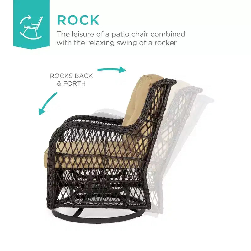 Juego de muebles para terraza de mimbre de 3 piezas Best Choice Products con 2 sillas giratorias mecedoras acolchadas, mesa auxiliar