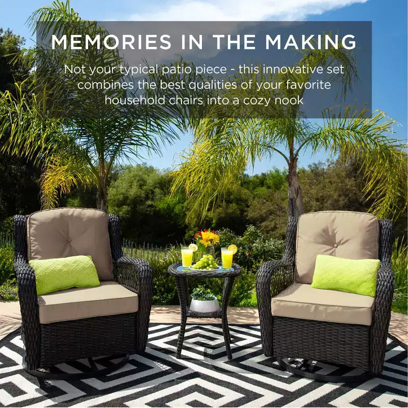 Juego de muebles para terraza de mimbre de 3 piezas Best Choice Products con 2 sillas giratorias mecedoras acolchadas, mesa auxiliar
