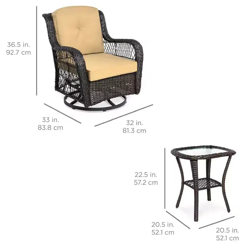 Juego de muebles para terraza de mimbre de 3 piezas Best Choice Products con 2 sillas giratorias mecedoras acolchadas, mesa auxiliar