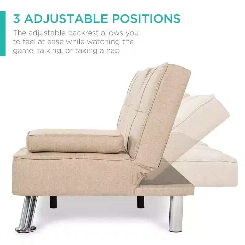 Best Choice Products Modern Linen Convertible Futon Sofa Bed w/ Removable Armrests, Metal Legs, Cupholders