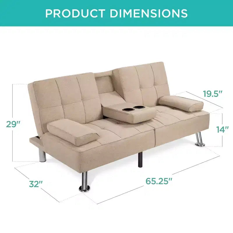Best Choice Products Modern Linen Convertible Futon Sofa Bed w/ Removable Armrests, Metal Legs, Cupholders