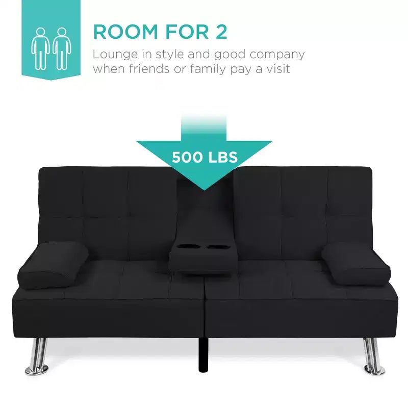 Best Choice Products Modern Linen Convertible Futon Sofa Bed w/ Removable Armrests, Metal Legs, Cupholders