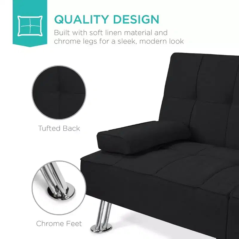 Best Choice Products Modern Linen Convertible Futon Sofa Bed w/ Removable Armrests, Metal Legs, Cupholders