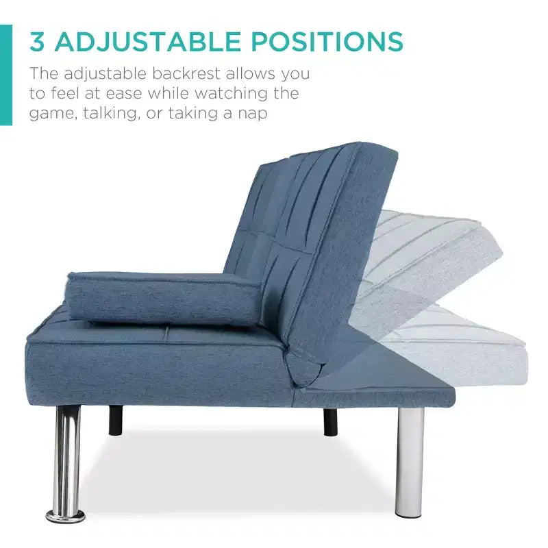 Best Choice Products Modern Linen Convertible Futon Sofa Bed w/ Removable Armrests, Metal Legs, Cupholders