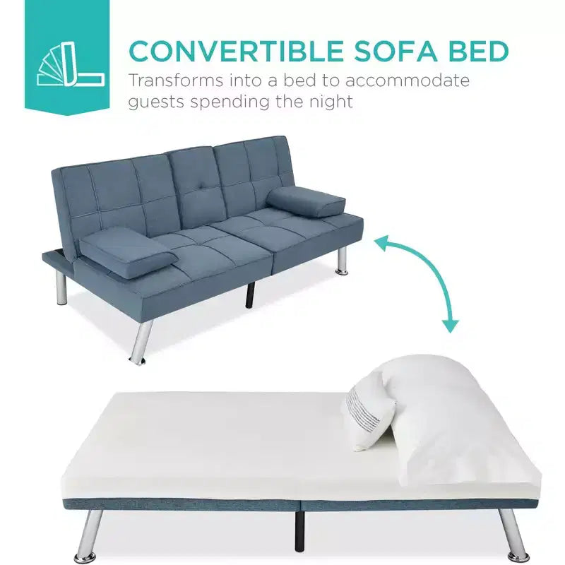 Best Choice Products Modern Linen Convertible Futon Sofa Bed w/ Removable Armrests, Metal Legs, Cupholders