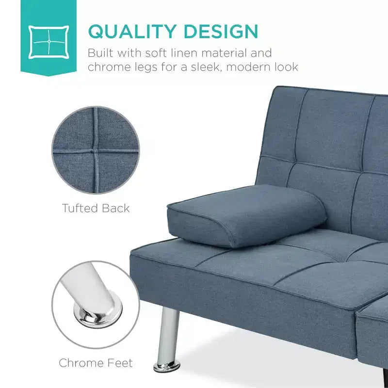 Best Choice Products Modern Linen Convertible Futon Sofa Bed w/ Removable Armrests, Metal Legs, Cupholders