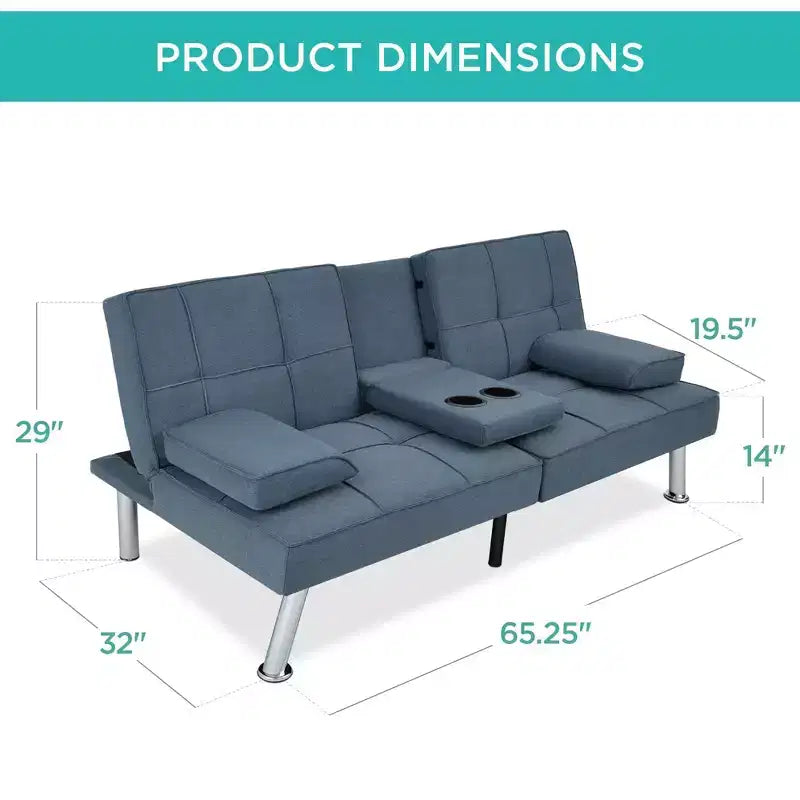 Best Choice Products Modern Linen Convertible Futon Sofa Bed w/ Removable Armrests, Metal Legs, Cupholders