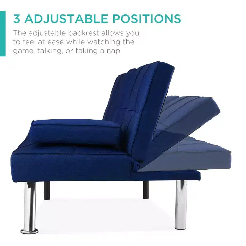 Best Choice Products Modern Linen Convertible Futon Sofa Bed w/ Removable Armrests, Metal Legs, Cupholders