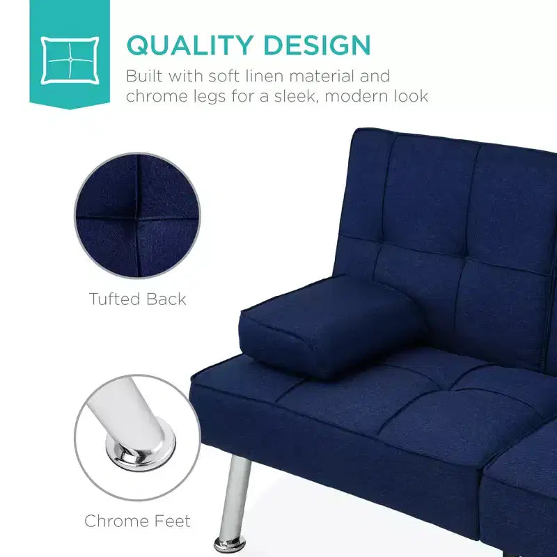 Best Choice Products Modern Linen Convertible Futon Sofa Bed w/ Removable Armrests, Metal Legs, Cupholders