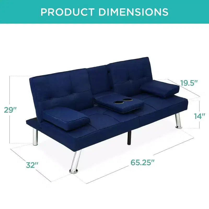 Best Choice Products Modern Linen Convertible Futon Sofa Bed w/ Removable Armrests, Metal Legs, Cupholders