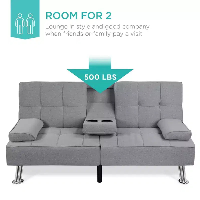 Best Choice Products Modern Linen Convertible Futon Sofa Bed w/ Removable Armrests, Metal Legs, Cupholders