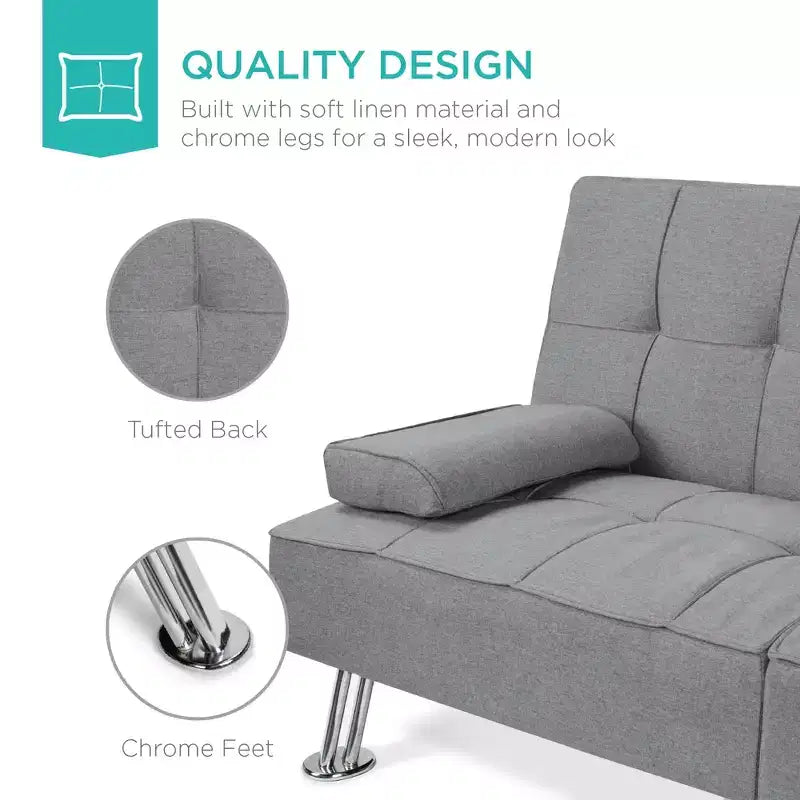 Best Choice Products Modern Linen Convertible Futon Sofa Bed w/ Removable Armrests, Metal Legs, Cupholders