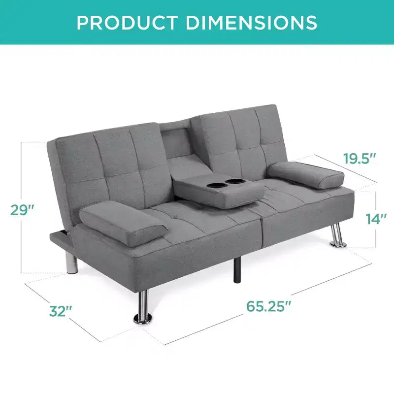 Best Choice Products Modern Linen Convertible Futon Sofa Bed w/ Removable Armrests, Metal Legs, Cupholders
