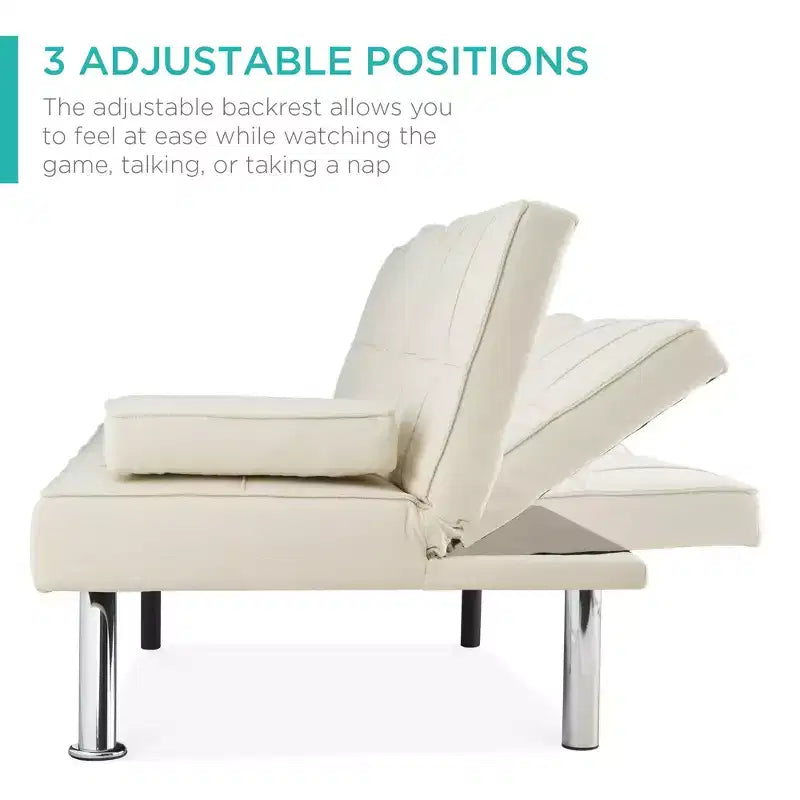Best Choice Products Modern Linen Convertible Futon Sofa Bed w/ Removable Armrests, Metal Legs, Cupholders