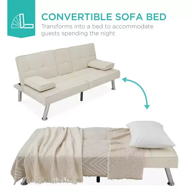 Best Choice Products Modern Linen Convertible Futon Sofa Bed w/ Removable Armrests, Metal Legs, Cupholders