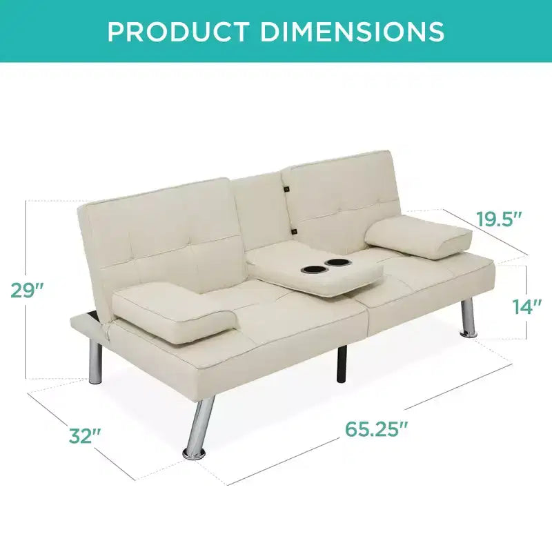 Best Choice Products Modern Linen Convertible Futon Sofa Bed w/ Removable Armrests, Metal Legs, Cupholders