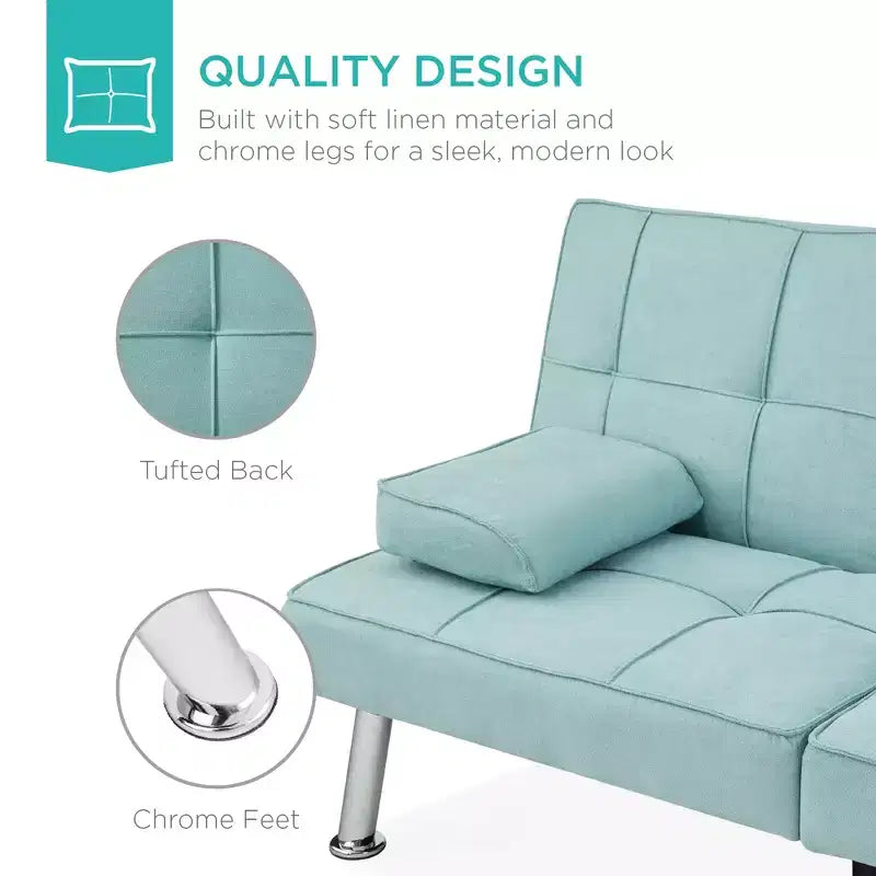 Best Choice Products Modern Linen Convertible Futon Sofa Bed w/ Removable Armrests, Metal Legs, Cupholders
