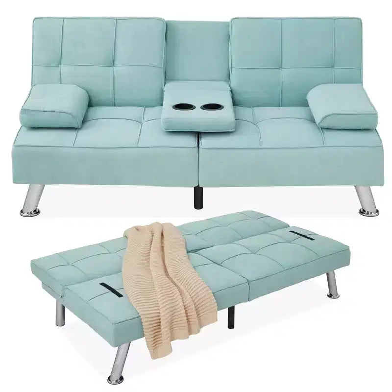 Best Choice Products Modern Linen Convertible Futon Sofa Bed w/ Removable Armrests, Metal Legs, Cupholders