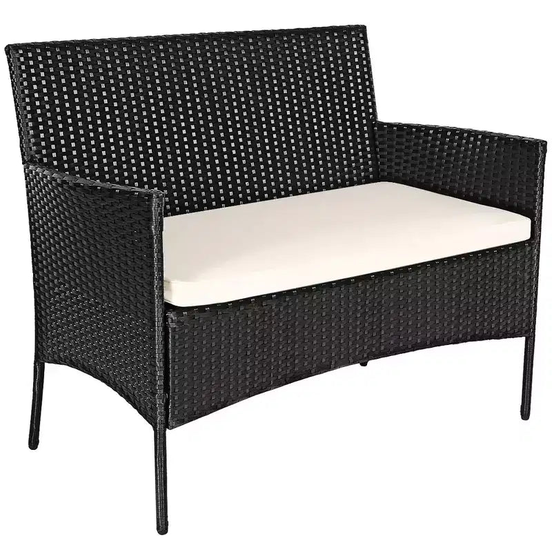 Costway Juego de Muebles de Ratán para Patio de 4 Piezas con Cojines, Sofá, Mesa de Centro para Jardín, Porche, Blanco