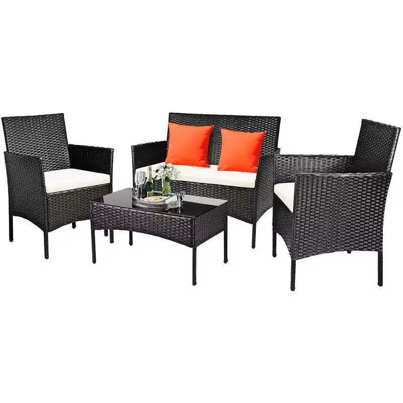 Costway Juego de Muebles de Ratán para Patio de 4 Piezas con Cojines, Sofá, Mesa de Centro para Jardín, Porche, Blanco