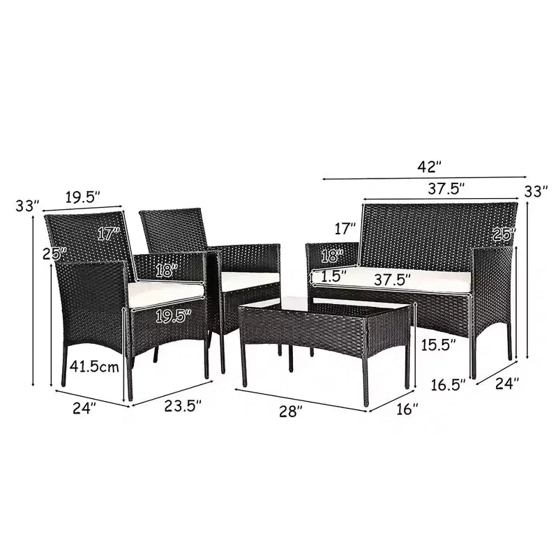 Costway Juego de Muebles de Ratán para Patio de 4 Piezas con Cojines, Sofá, Mesa de Centro para Jardín, Porche, Blanco