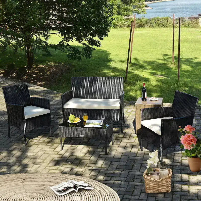 Costway Juego de Muebles de Ratán para Patio de 4 Piezas con Cojines, Sofá, Mesa de Centro para Jardín, Porche, Blanco