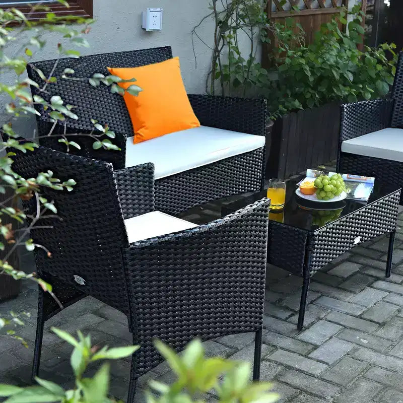 Costway Juego de Muebles de Ratán para Patio de 4 Piezas con Cojines, Sofá, Mesa de Centro para Jardín, Porche, Blanco