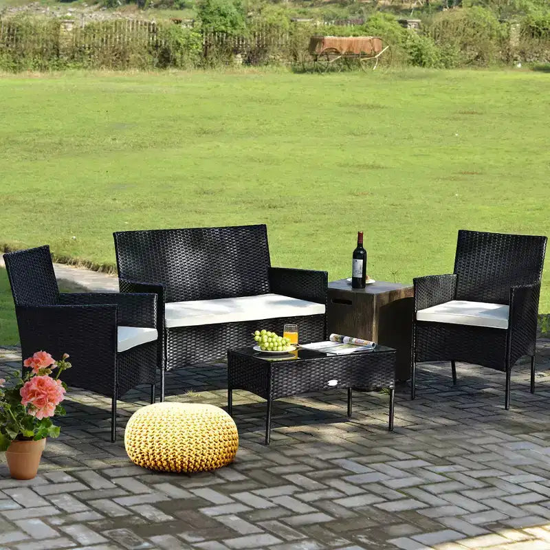 Costway Juego de Muebles de Ratán para Patio de 4 Piezas con Cojines, Sofá, Mesa de Centro para Jardín, Porche, Blanco