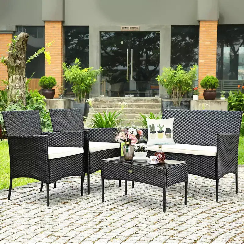 Costway Juego de Muebles de Ratán para Patio de 4 Piezas con Cojines, Sofá, Mesa de Centro para Jardín, Porche, Blanco