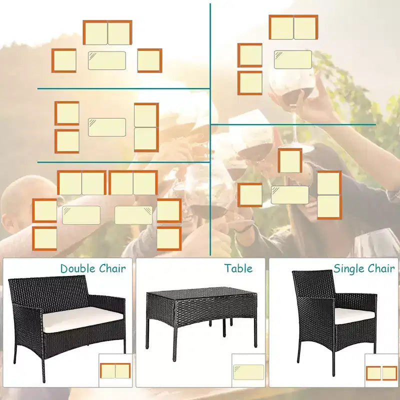 Costway Juego de Muebles de Ratán para Patio de 4 Piezas con Cojines, Sofá, Mesa de Centro para Jardín, Porche, Blanco