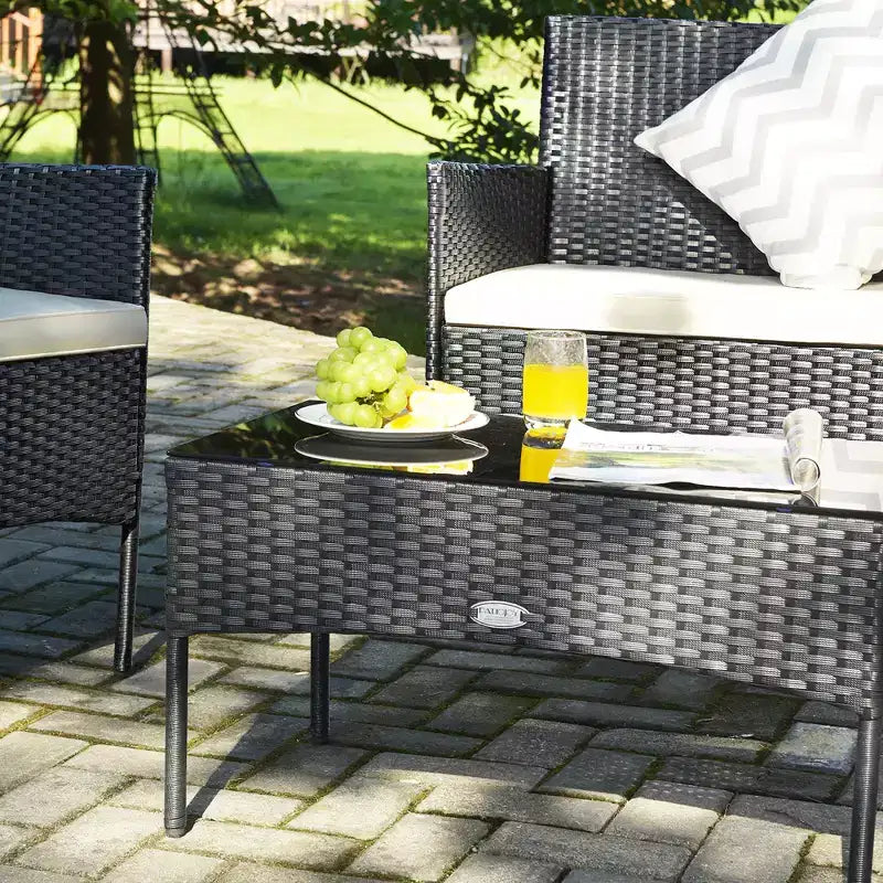Costway Juego de Muebles de Ratán para Patio de 4 Piezas con Cojines, Sofá, Mesa de Centro para Jardín, Porche, Blanco